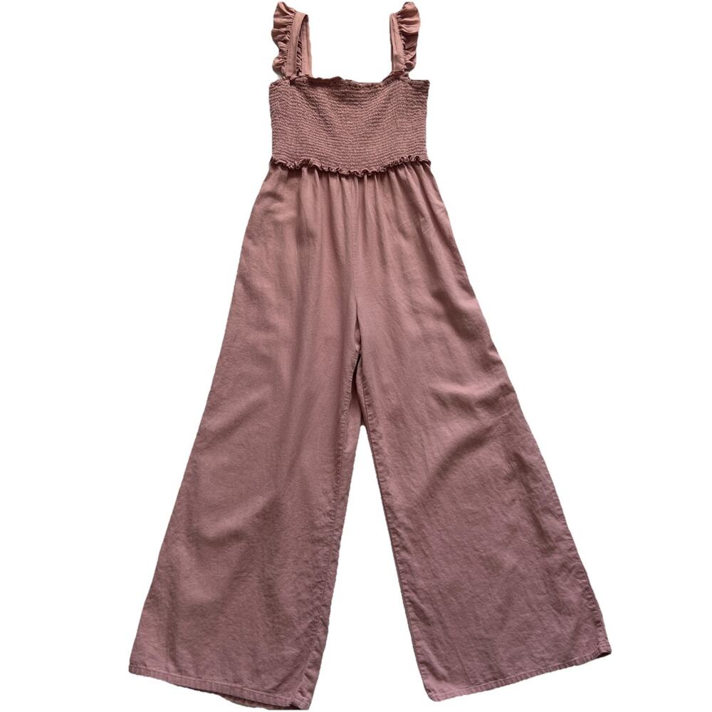 Love Tree Jumpsuit Womens Large Pink Linen Blend Smocked Bodice Boho Cottagecore - Picture 12 of 12